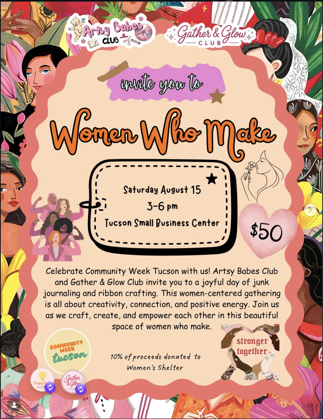 Women Who Make event poster for Artsy Babes Club and Gather & Glow Club